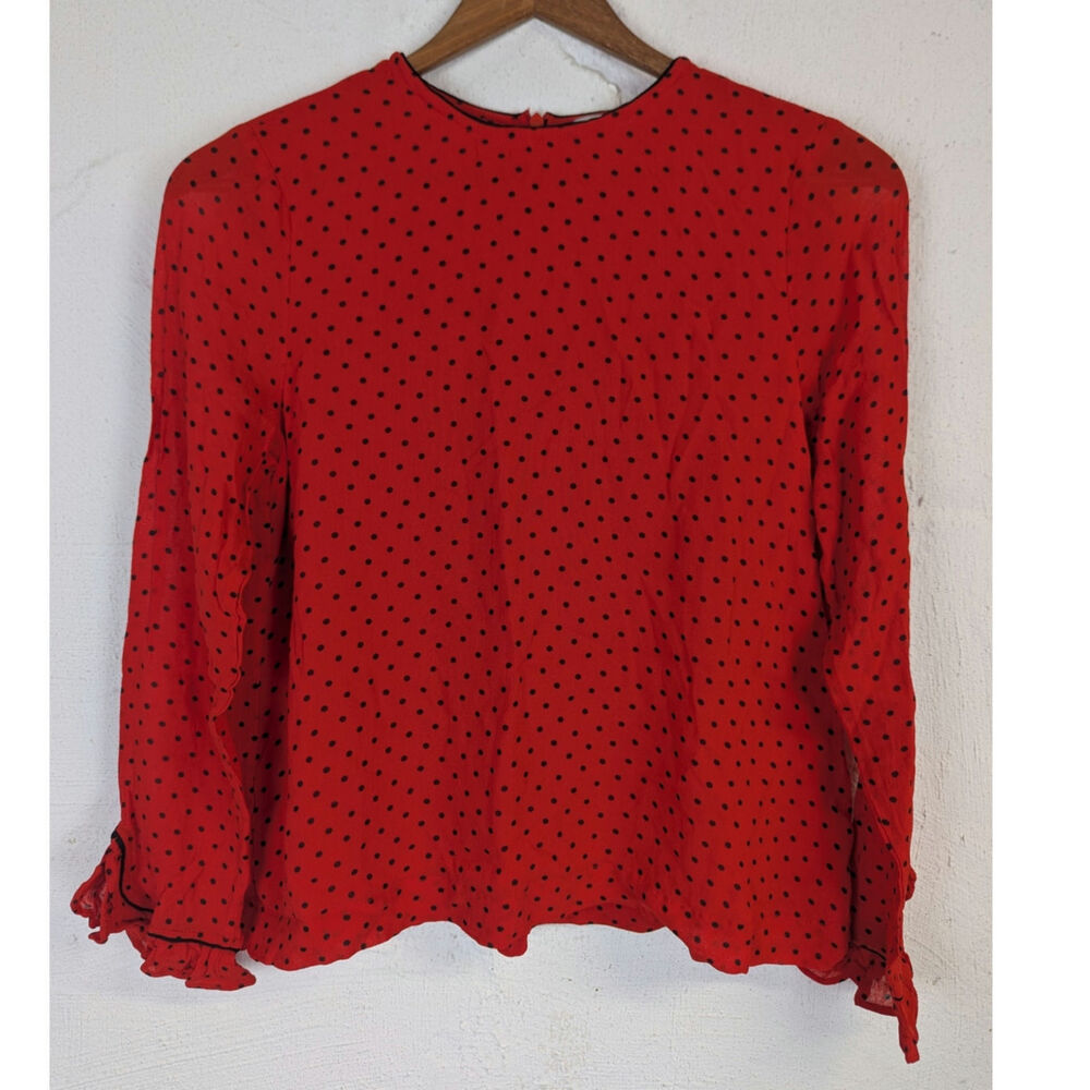 Ganni Red Polka Dot Blouse Classic Office Flowy Preppy Feminine Ruffle Size 2